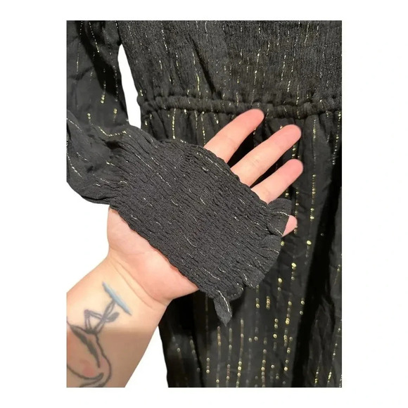 NWT Oat New York Long Sleeve Black‎ & Gold Square Neck Smocked Dress | Size S - Picture 4 of 9